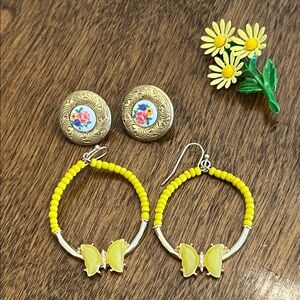 Bundle of 3 pieces yellow flower brooch, butterfly earrings, & flowers posts